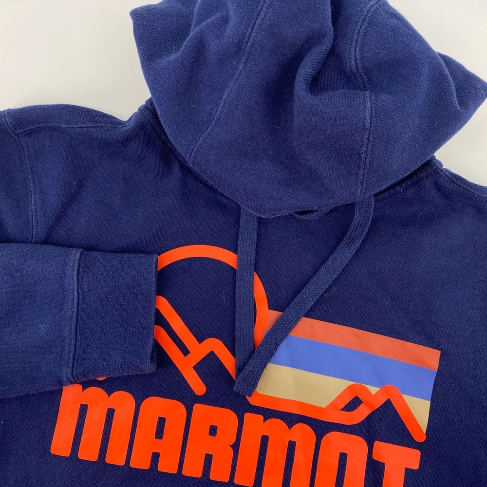 Marmot Hoodie Mens Small Navy Blue Retro Mountain Graphic Pullover Sweatshirt